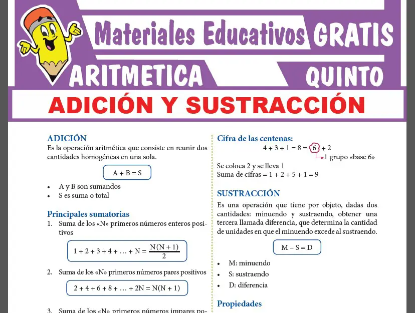 Ficha de Adición y Sustracción para Quinto Grado de Secundaria