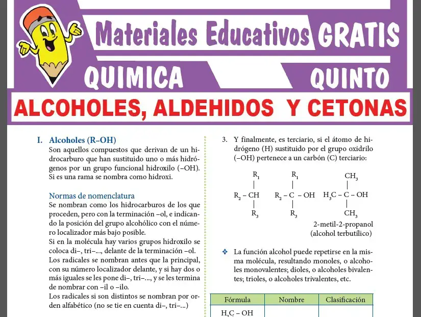 Alcoholes, Aldehidos y Cetonas para Quinto Grado de Secundaria