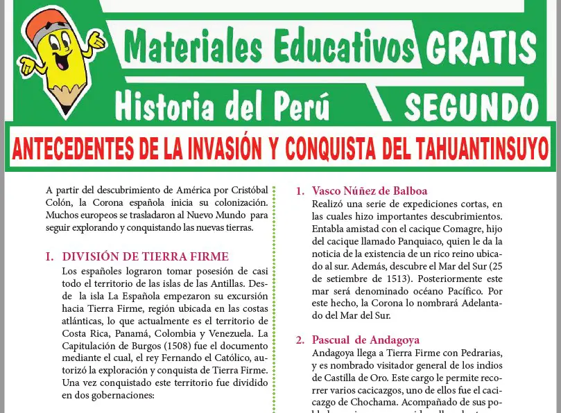 Ficha de Antecedentes de la Invasión y Conquista del Tahuantinsuyo para Segundo Grado de Secundaria