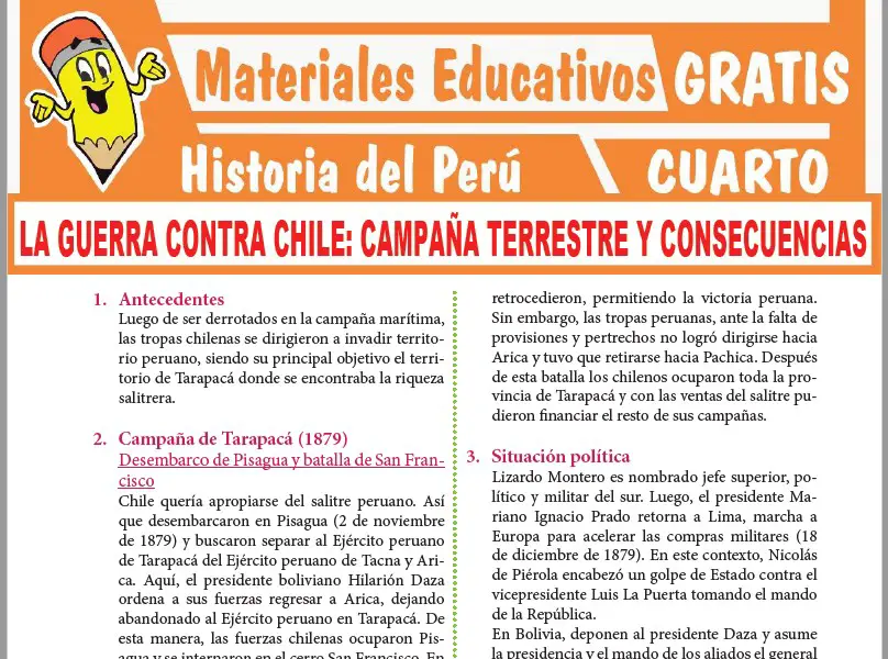 Ficha de Campaña Terrestre de la Guerra contra Chile para Cuarto Grado de Secundaria