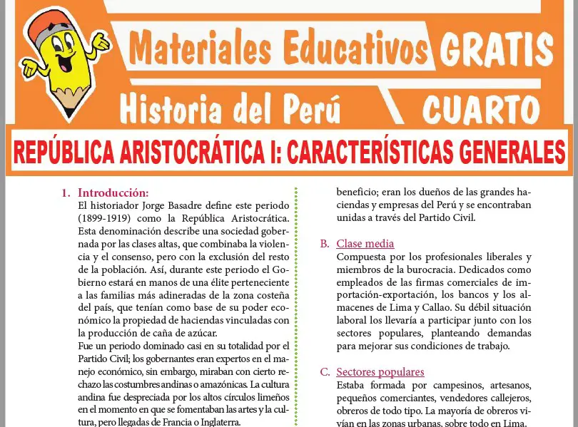 Ficha de Características Generales de la República Aristocrática para Cuarto Grado de Secundaria