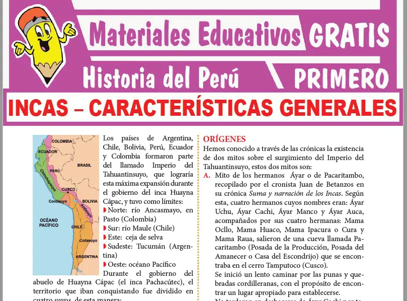 Ficha de Características Generales de los Incas para Primer Grado de Secundaria