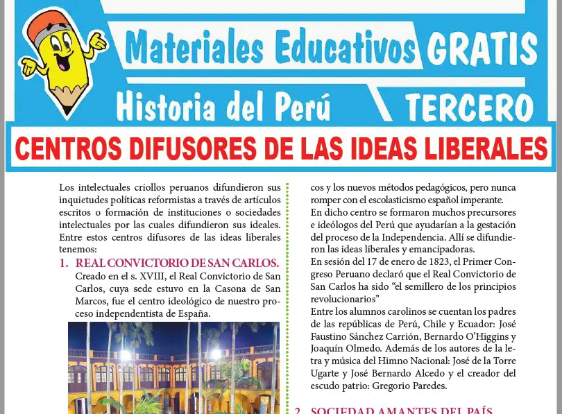 Ficha de Centros Difusores de las Ideas Liberales para Tercer Grado de Secundaria