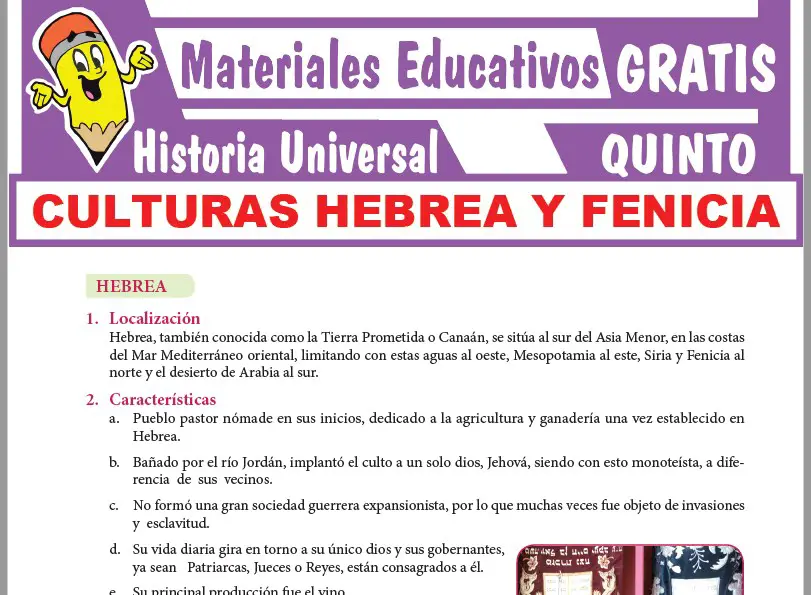 Ficha de Culturas Hebrea y Fenicia para Quinto Grado de Secundaria
