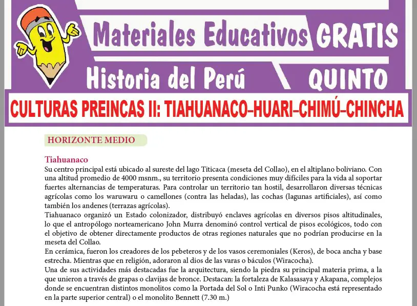 Ficha de Culturas Preincas II para Quinto Grado de Secundaria