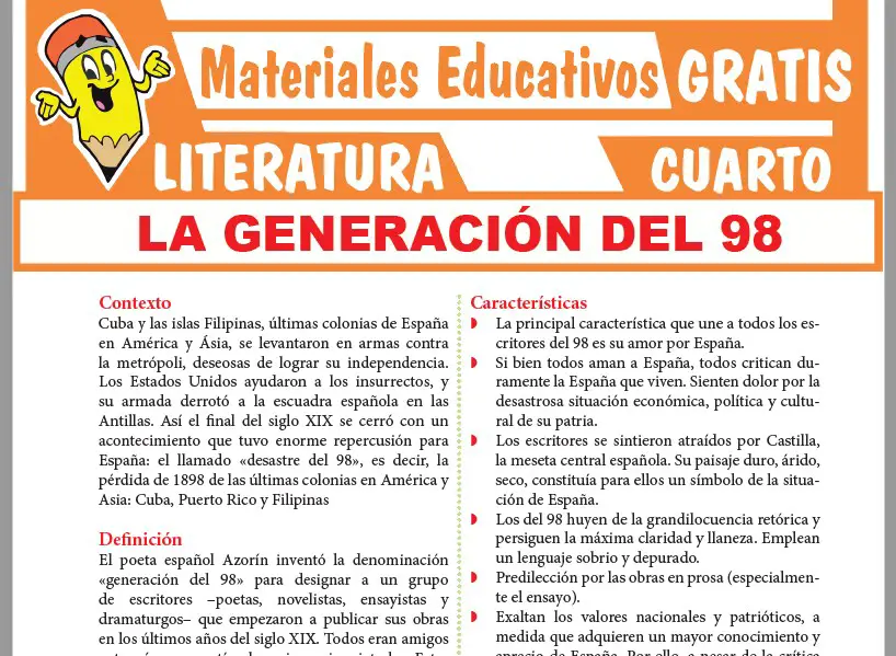 Ficha de Definición y Características de la Generación del 98 para Cuarto Grado de Secundaria