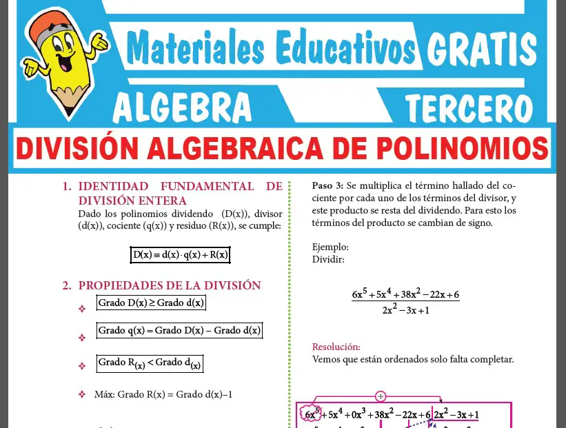 División Algebraica de Polinomios para Tercer Grado de Secundaria