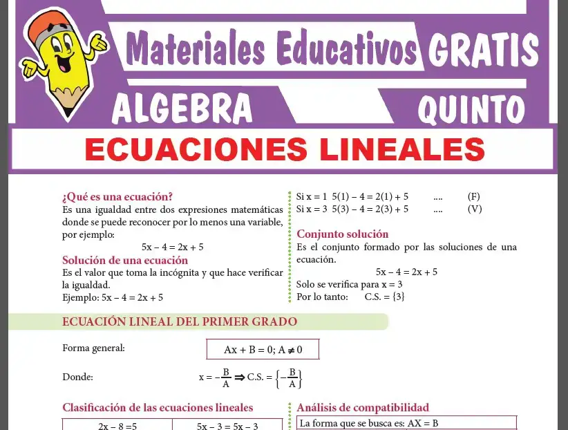 Ecuaciones Lineales para Quinto Grado de Secundaria