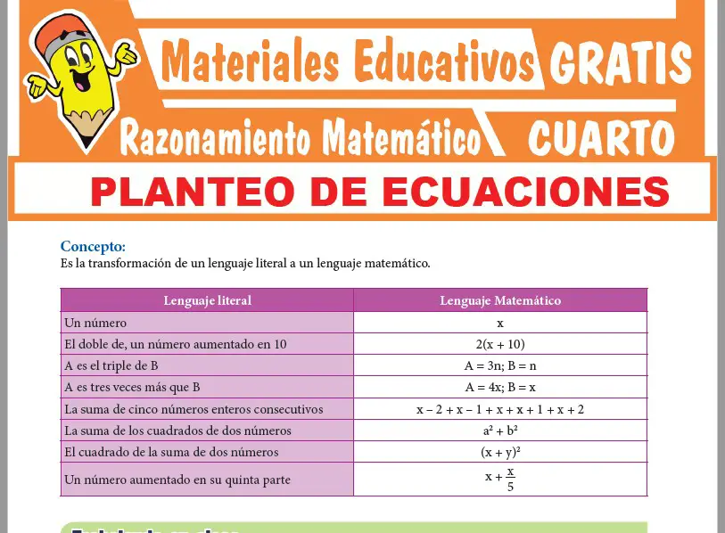 Ficha de Ejercicios de Planteo de Ecuaciones para Cuarto Grado de Secundaria