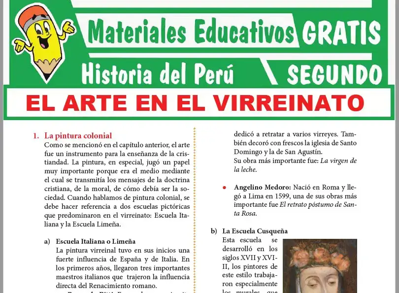 Ficha de El Arte en el Virreinato para Segundo Grado de Secundaria