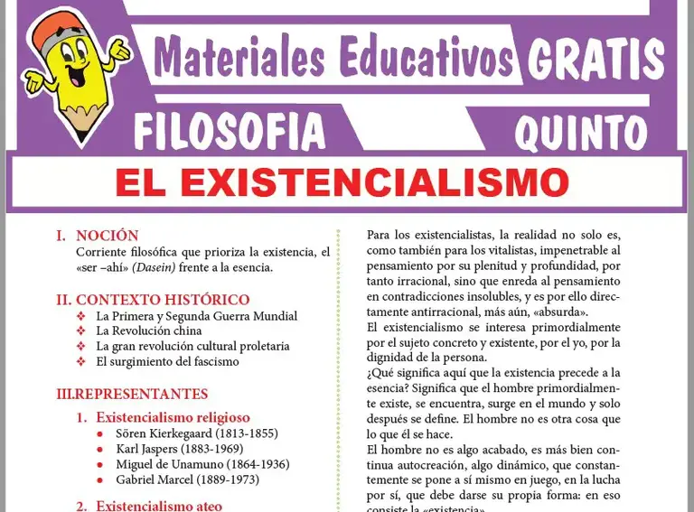 Ficha de El Existencialismo para Quinto Grado de Secundaria