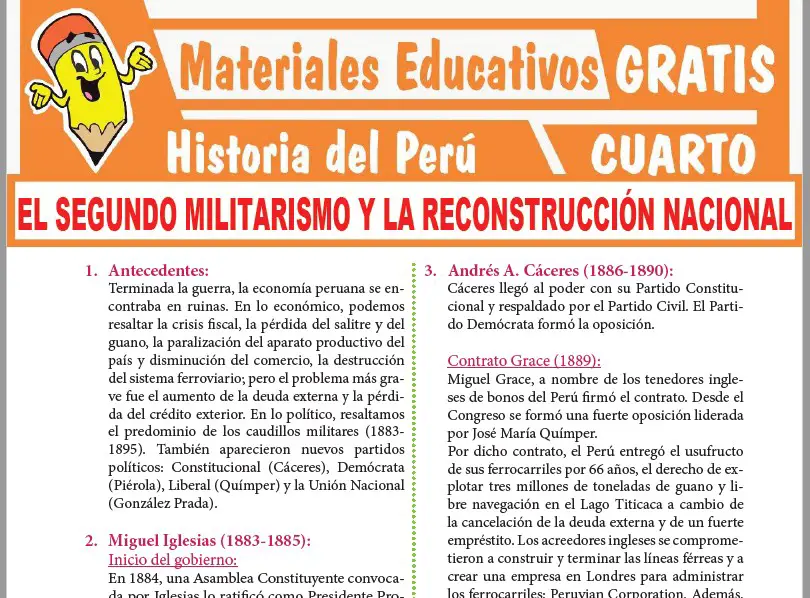Ficha de El Segundo Militarismo y la Reconstrucción Nacional para Cuarto Grado de Secundaria