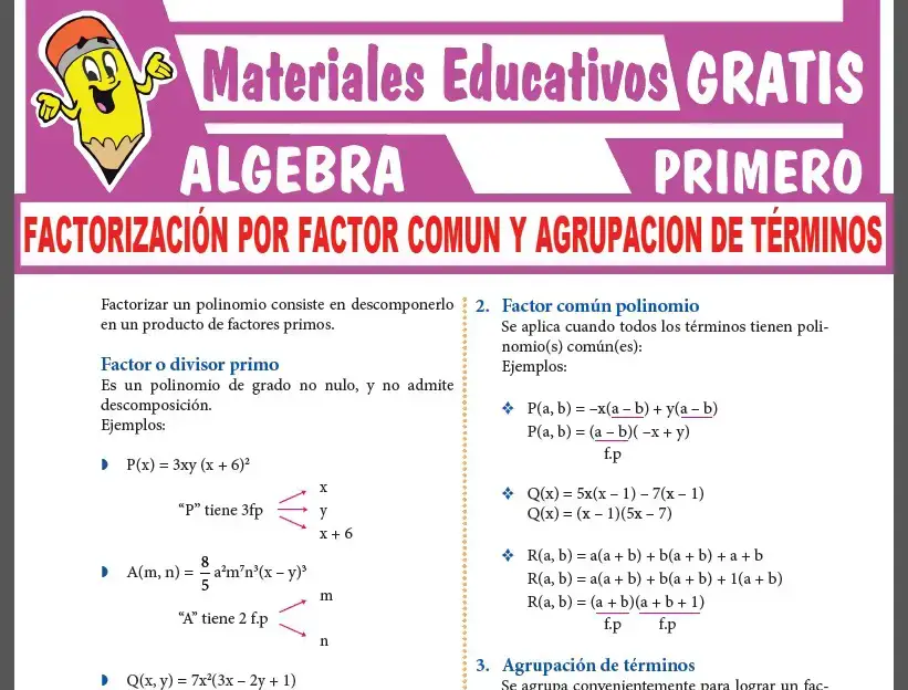 Factorización por Factor Común y Agrupación de Términos para Primer Grado de Secundaria