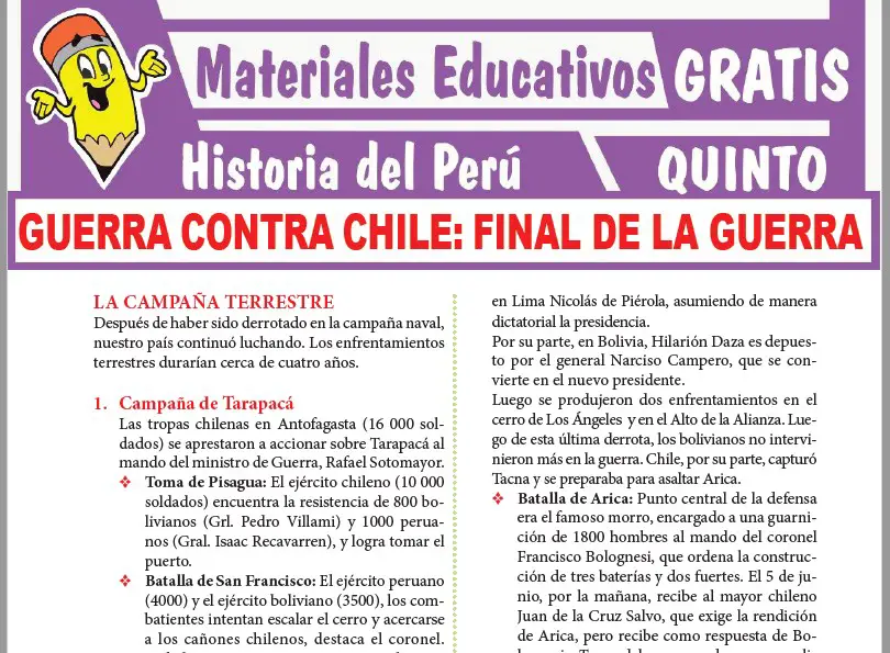 Ficha de Final de la Guerra contra Chile para Quinto Grado de Secundaria