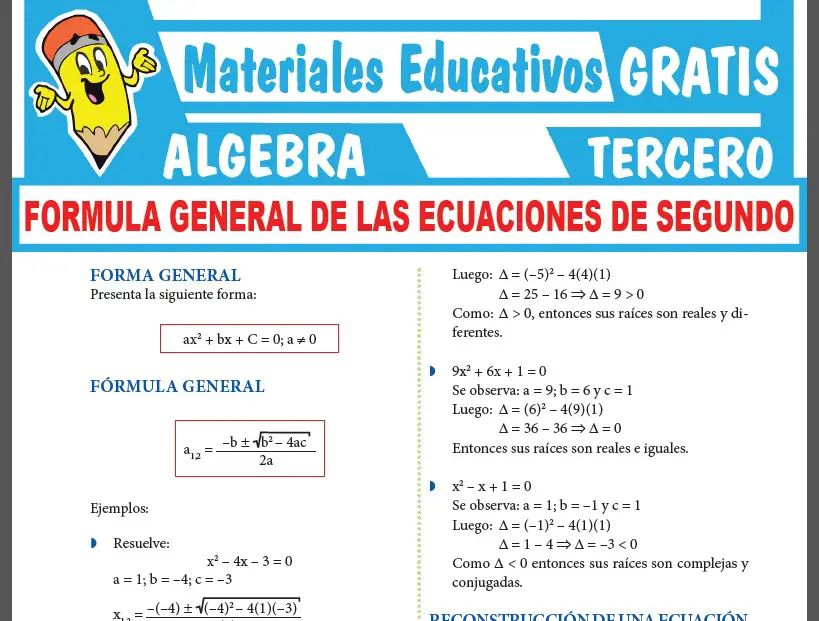 Formula General de las Ecuaciones de Segundo Grado para Tercer Grado de Secundaria