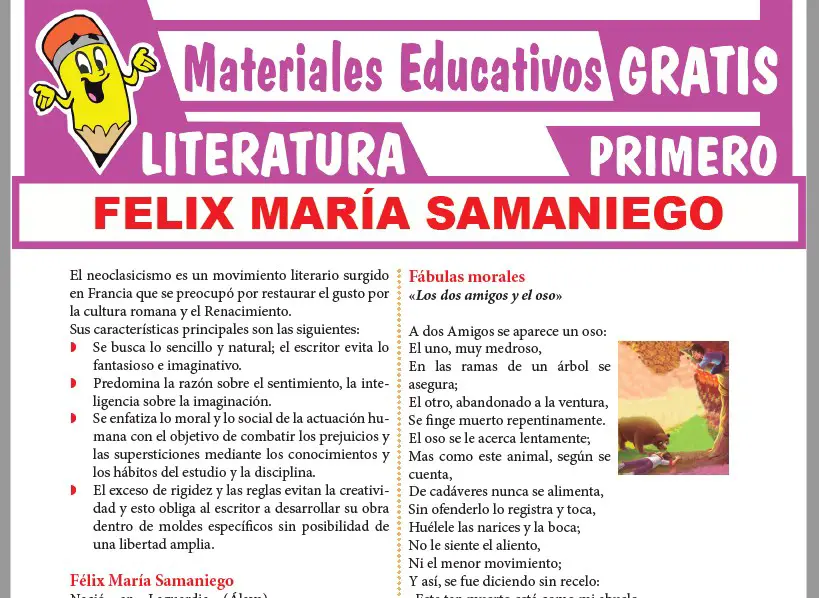 Ficha de Félix María Samaniego para Primer Grado de Secundaria