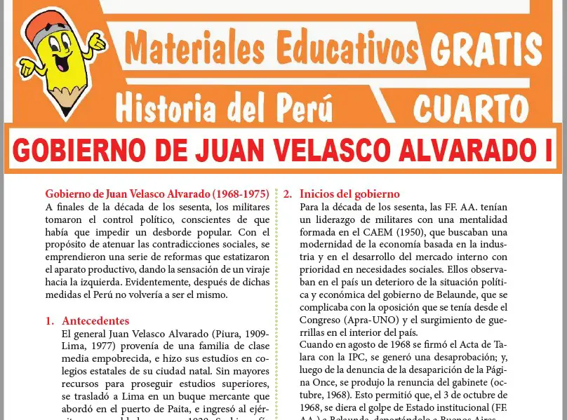 Ficha de Gobierno de Juan Velasco Alvarado I para Cuarto Grado de Secundaria