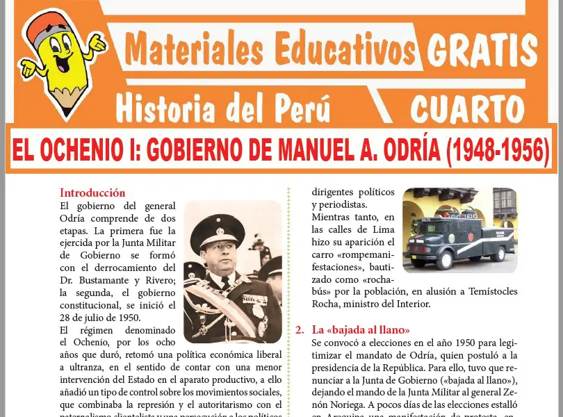 Ficha de Gobierno de Manuel Odría I para Cuarto Grado de Secundaria