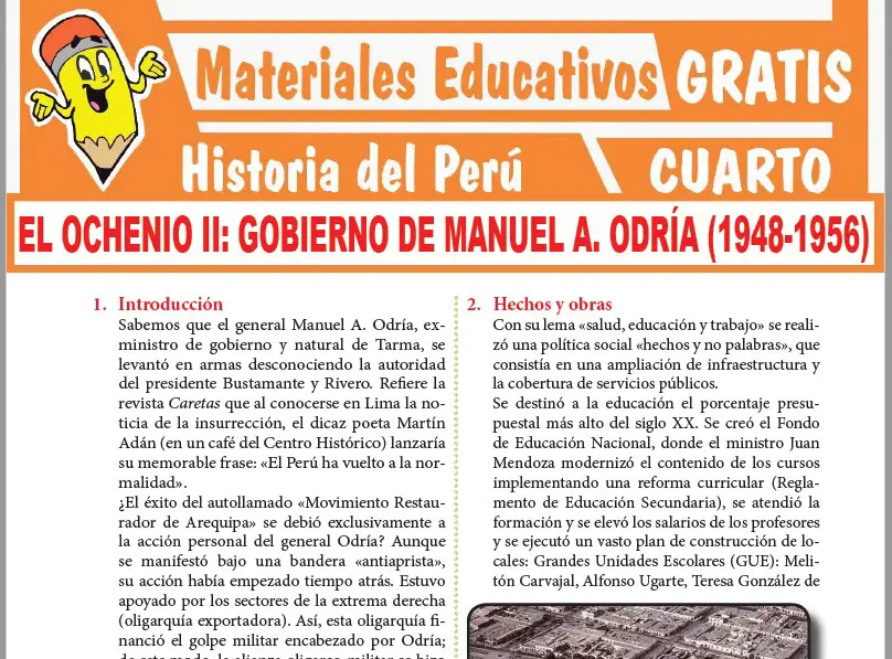 Ficha de Gobierno de Manuel Odría II para Cuarto Grado de Secundaria