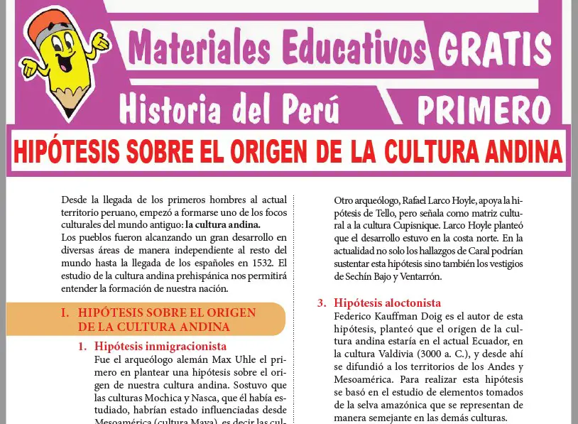 Ficha de Hipótesis sobre el Origen de la Cultura Andina para Primer Grado de Secundaria