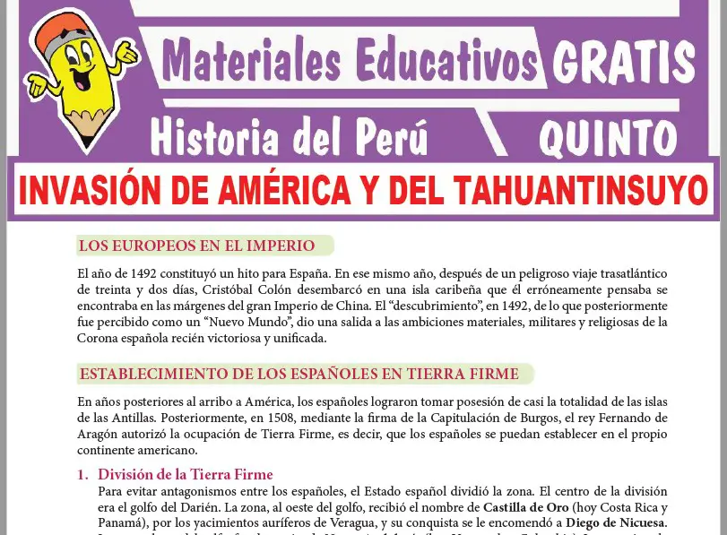 Ficha de Invasión de América y del Tahuantinsuyo para Quinto Grado de Secundaria