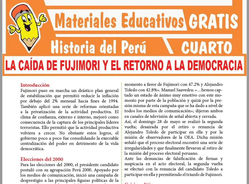 Ficha de La Caída de Fujimori y el Retorno a la Democracia para Cuarto Grado de Secundaria
