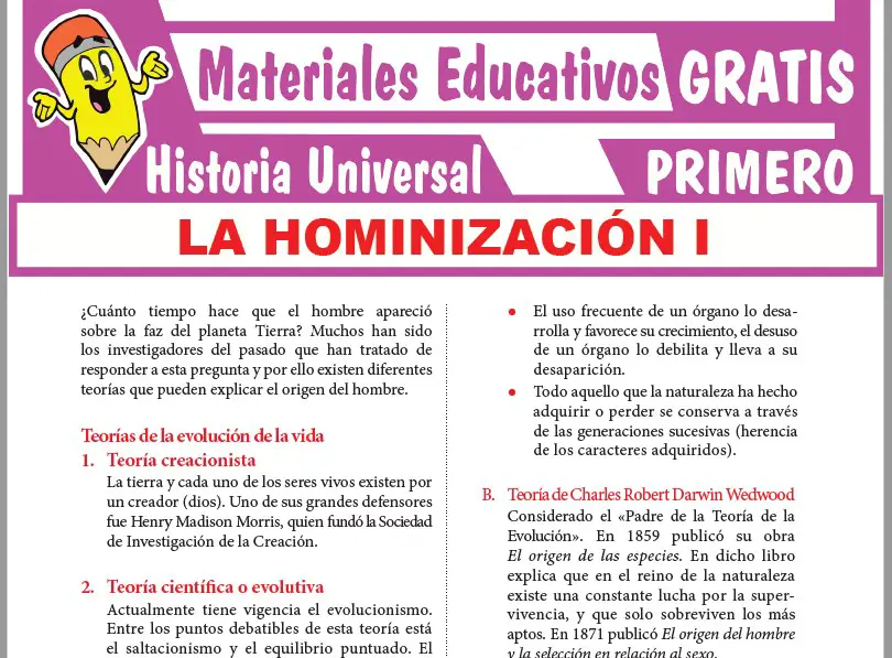Ficha de La Hominización I para Primer Grado de Secundaria