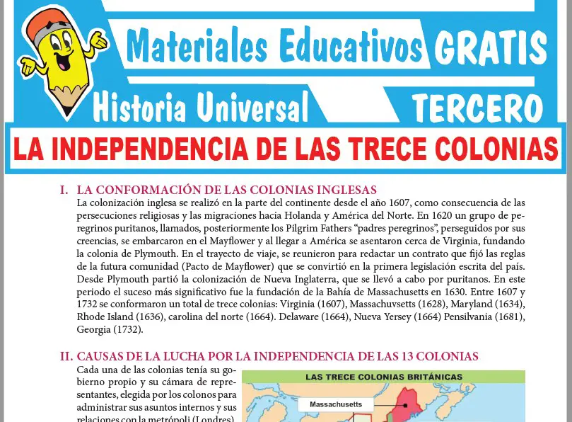 Ficha de La Independencia de las Trece Colonias para Tercer Grado de Secundaria