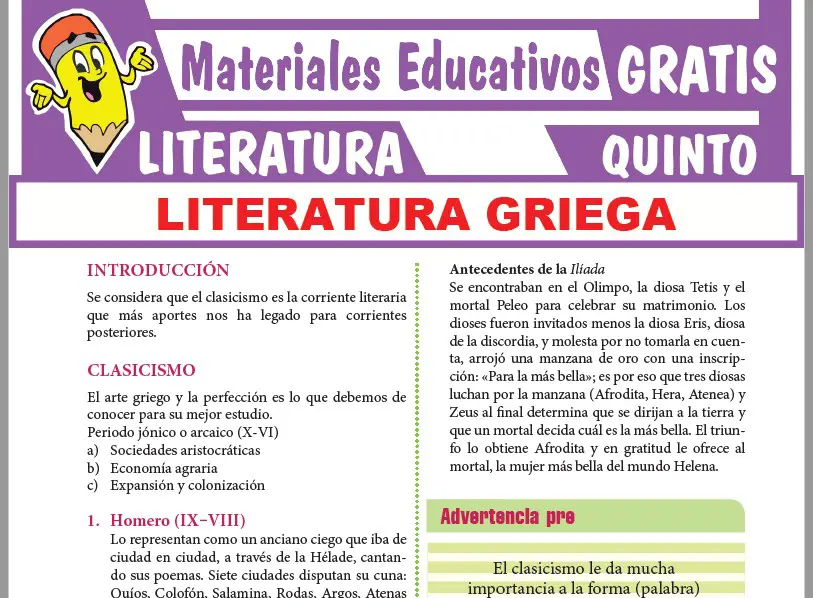 Ficha de La Literatura Griega para Quinto Grado de Secundaria