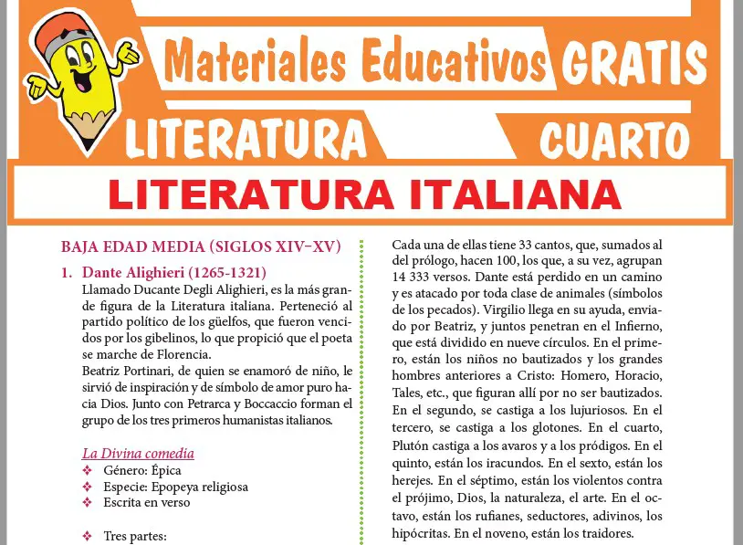 Ficha de La Literatura Italiana para Cuarto Grado de Secundaria