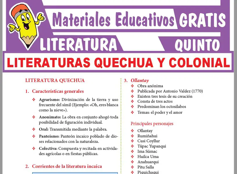 Ficha de La Literatura Quechua y Colonial para Quinto Grado de Secundaria
