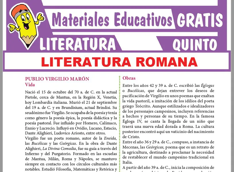 Ficha de La Literatura en Roma para Quinto Grado de Secundaria