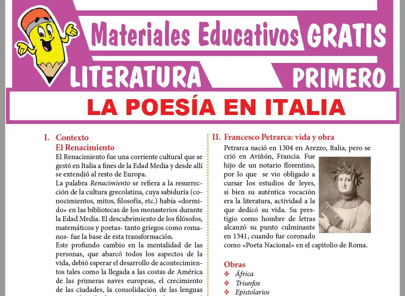 Ficha de La Poesía en Italia para Primer Grado de Secundaria