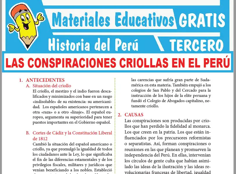 Ficha de Las Conspiraciones Criollas en el Perú para Tercer Grado de Secundaria