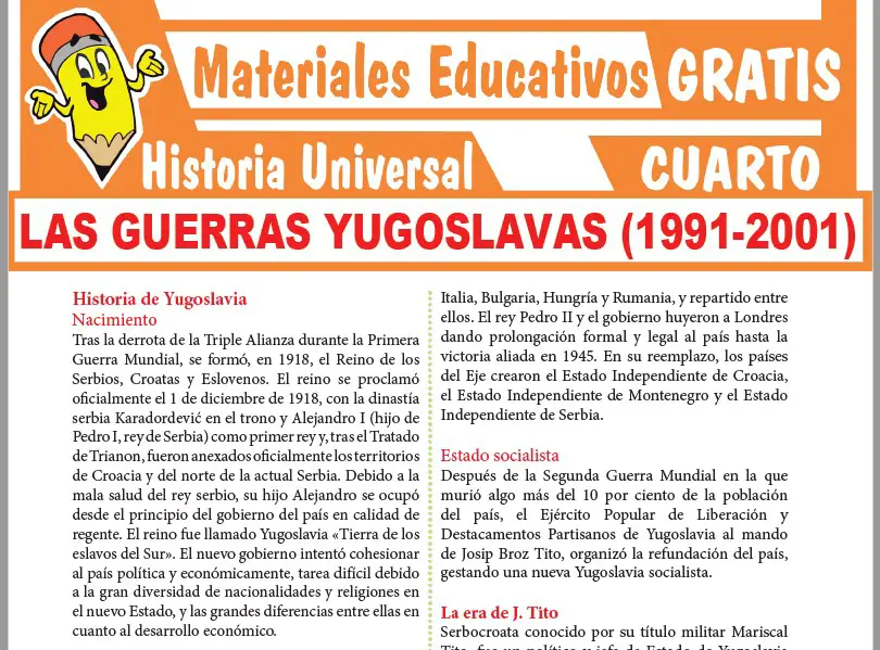 Ficha de Las Guerras Yugoslavas para Cuarto Grado de Secundaria