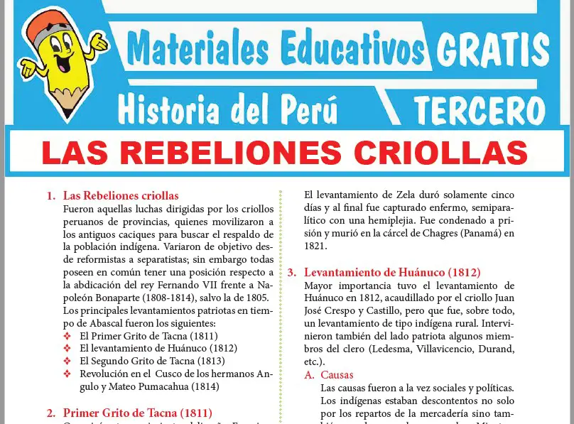Ficha de Las Rebeliones Criollas para Tercer Grado de Secundaria