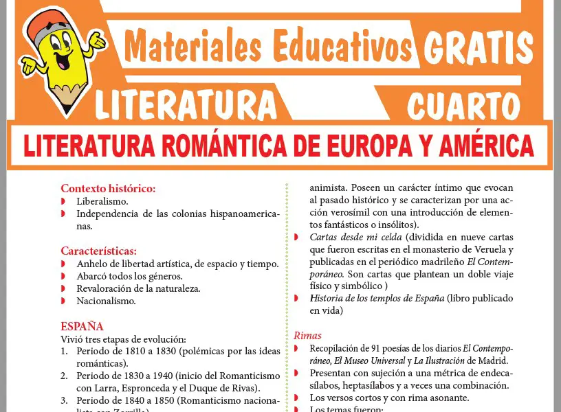 Ficha de Literatura Romántica de Europa y América para Cuarto Grado de Secundaria