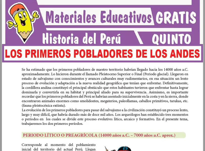 Ficha de Los Primeros Pobladores de los Andes para Quinto Grado de Secundaria