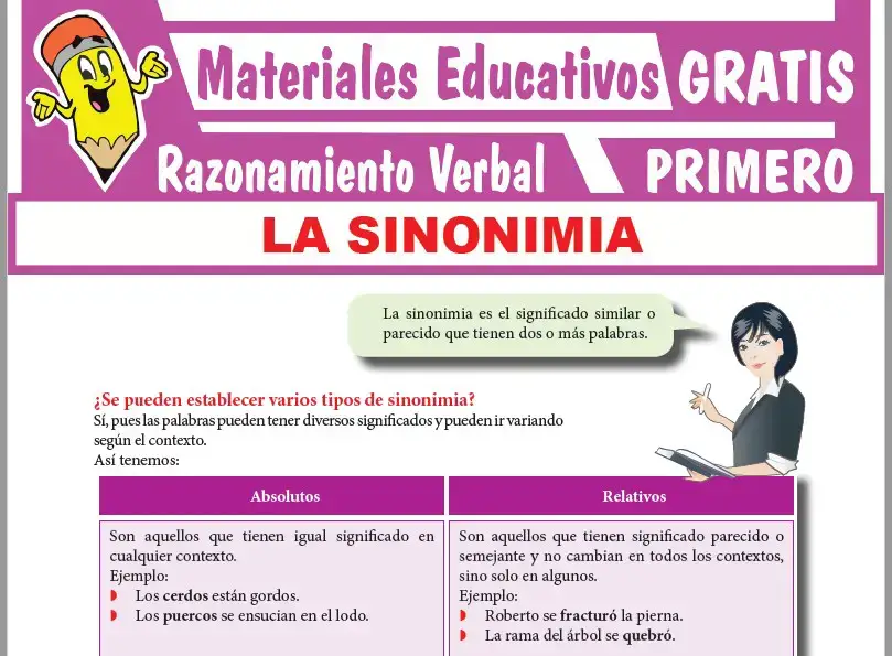 Ficha de Los Sinónimos para Primer Grado de Secundaria