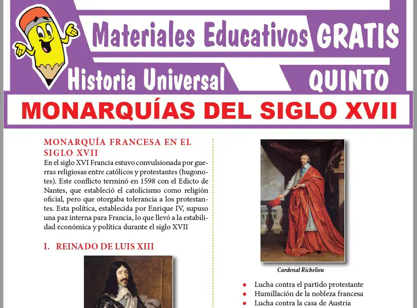 Ficha de Monarquías del Siglo XVII para Quinto Grado de Secundaria
