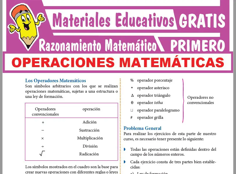 Ficha de Operadores Matemáticos para Resolver para Primer Grado de Secundaria