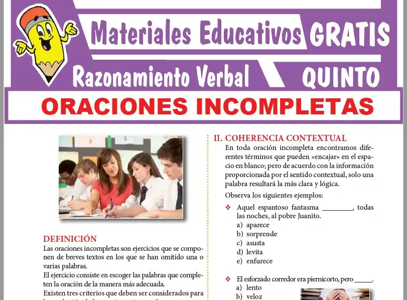 Ficha de Oraciones Incompletas para Quinto Grado de Secundaria