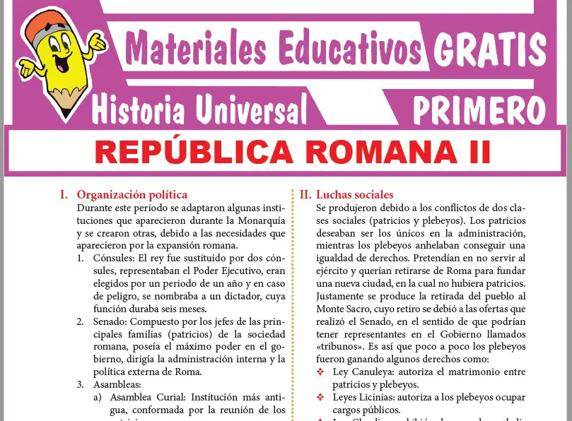 Ficha de Organización Política de la República Romana para Primer Grado de Secundaria