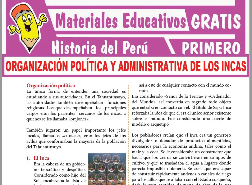 Ficha de Organización Política y Administrativa de los Incas para Primer Grado de Secundaria