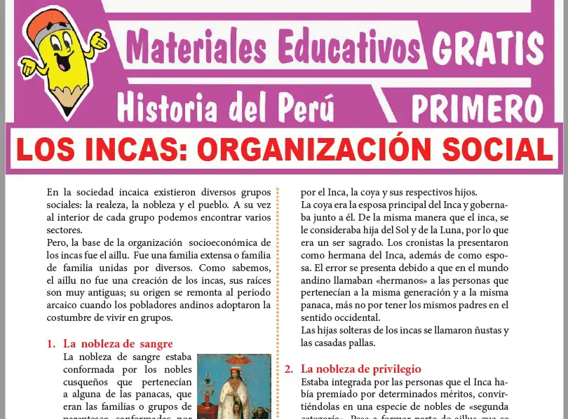 Ficha de Organización Social de los Incas para Primer Grado de Secundaria