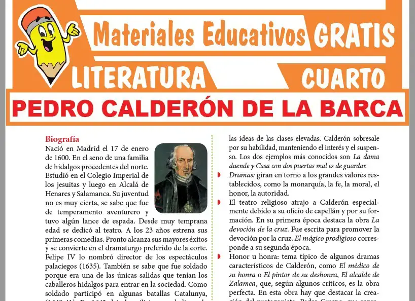 Ficha de Pedro Calderón de la Barca para Cuarto Grado de Secundaria