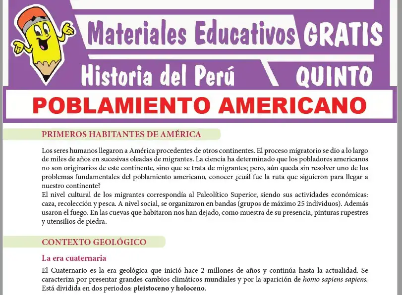 Ficha de Poblamiento Americano para Quinto Grado de Secundaria