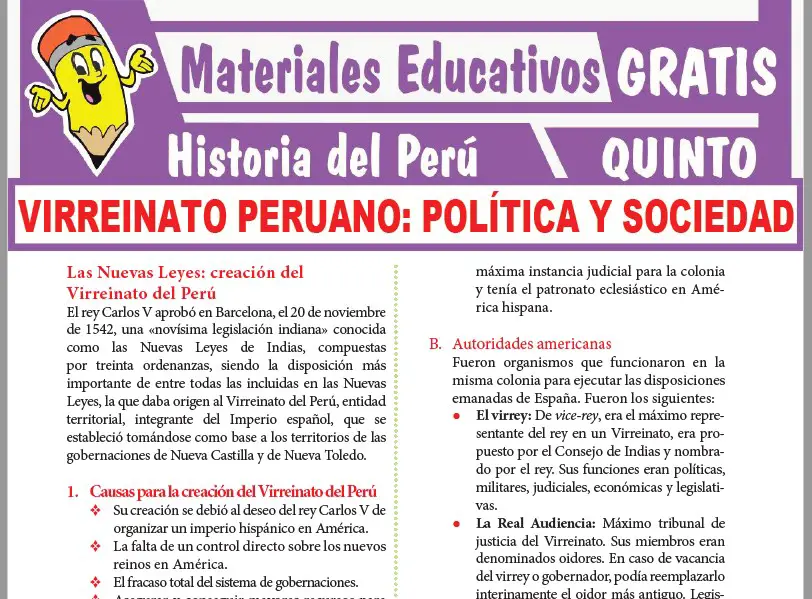 Ficha de Política y Sociedad del Virreinato peruano para Quinto Grado de Secundaria