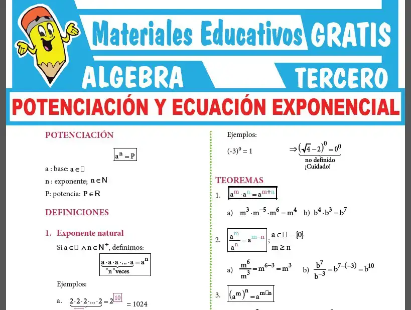 Potenciación y Ecuación Exponencial para Tercer Grado de Secundaria