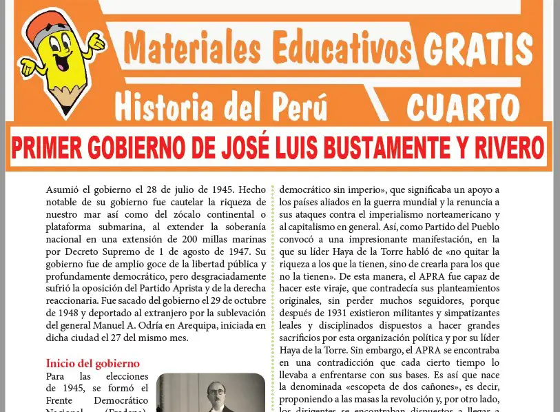Ficha de Primer Gobierno de José Luis Bustamente y Rivero para Cuarto Grado de Secundaria